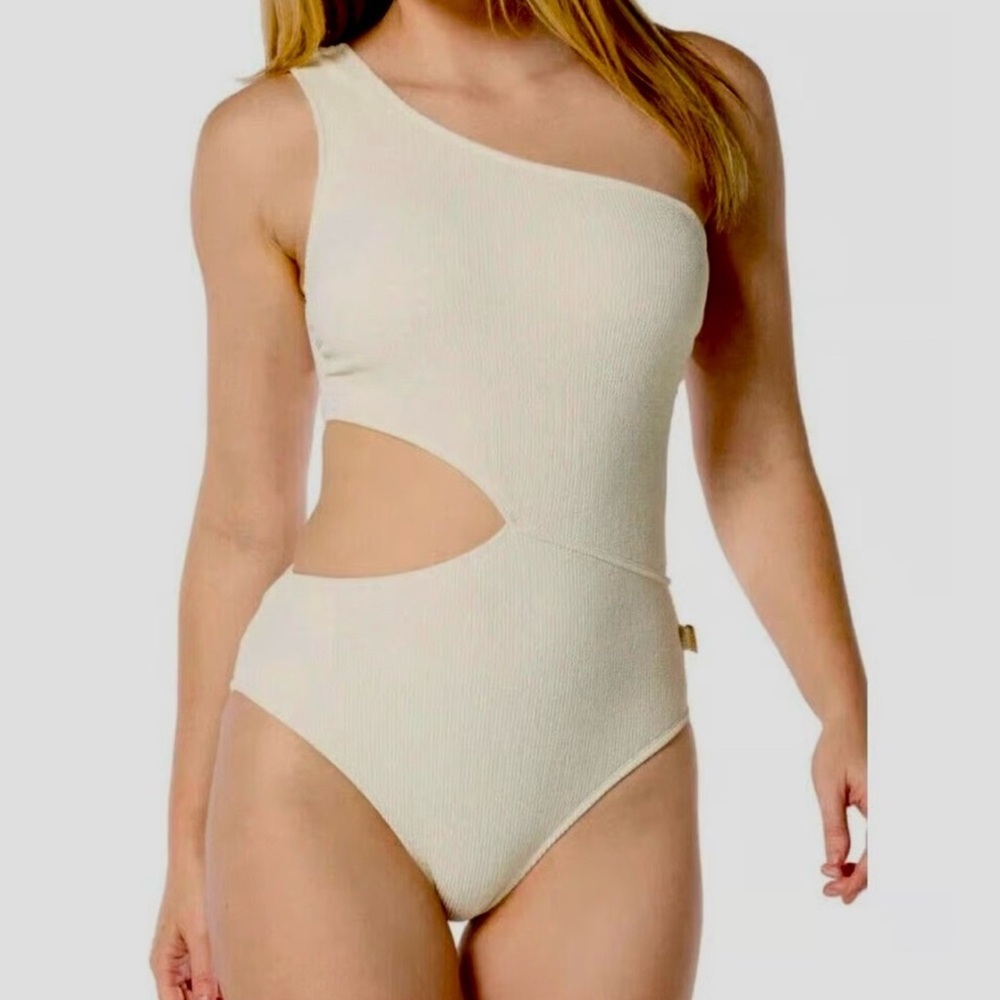 MICHAEL Michael Kors Off-White One-Shoulder Swimsuit
